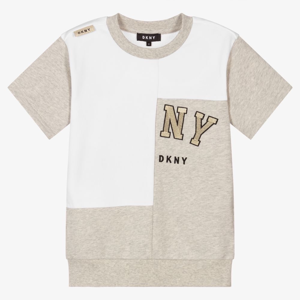 DKNY - فستان قطن جيرسي لون رمادي وأبيض | Childrensalon