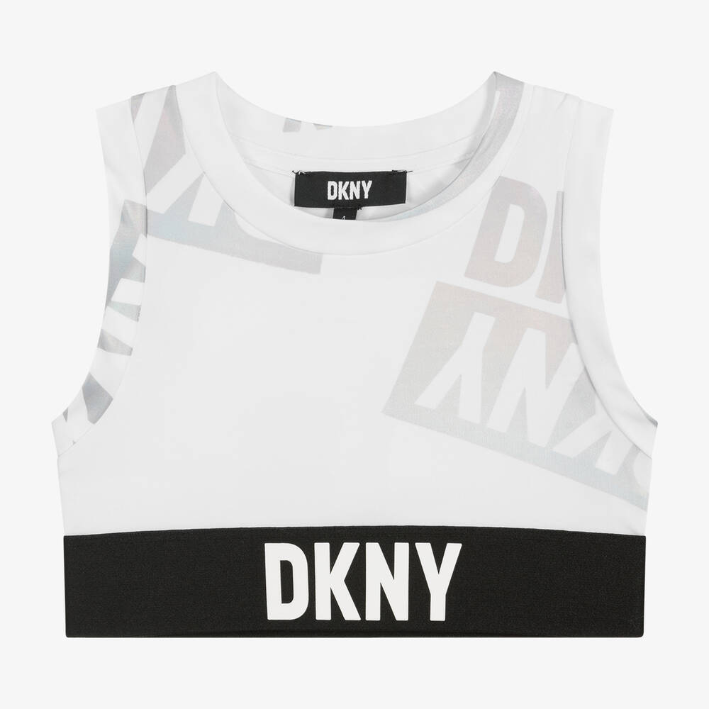 DKNY - توب رياضي قصير جيرسي لون أبيض للبنات | Childrensalon