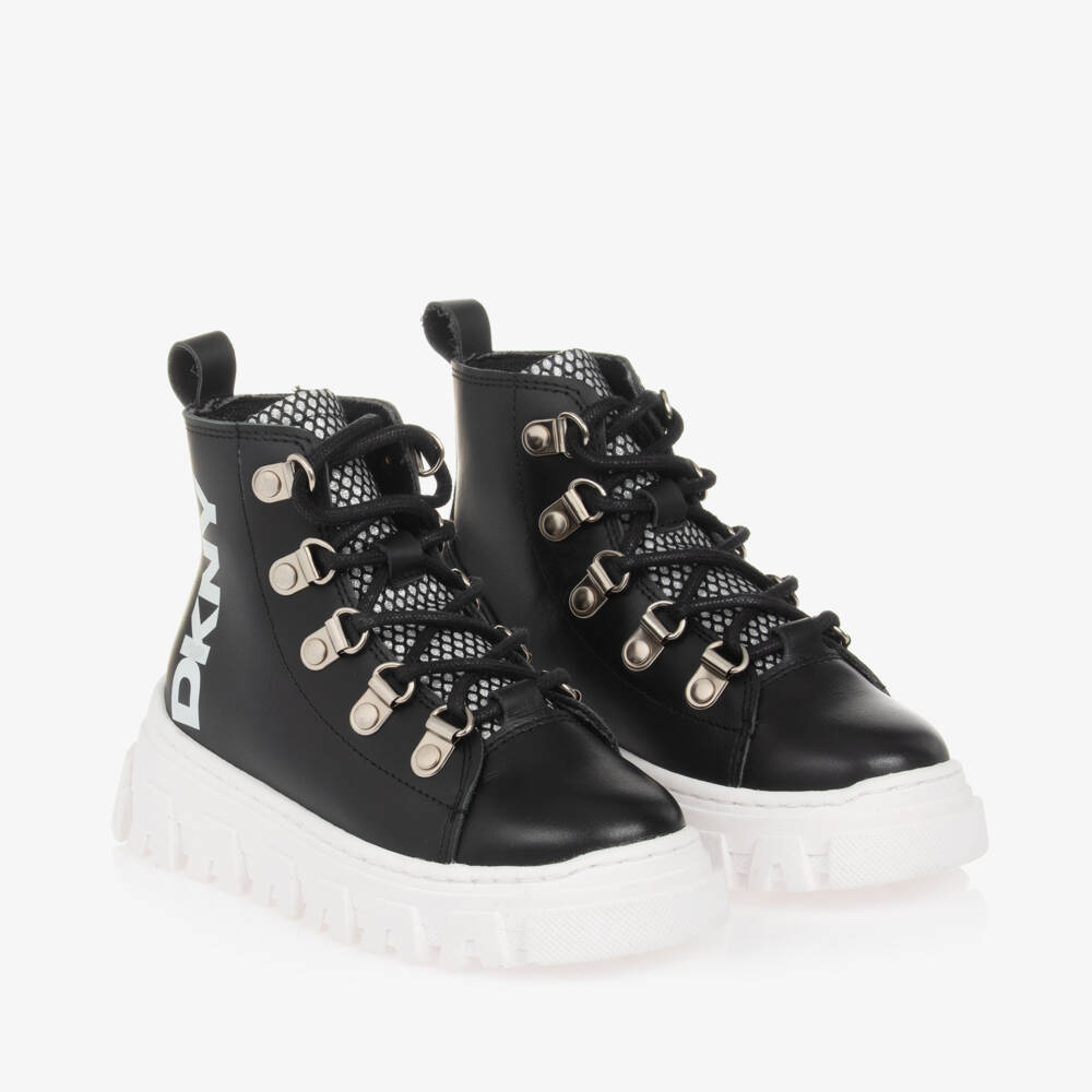 DKNY-بوت بأربطة جلد لون أسود للبنات | Childrensalon Outlet
