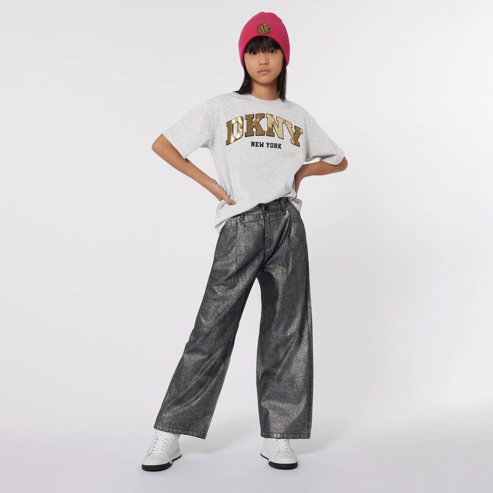 DKNY-Girls Metallic Logo Grey Tee | Childrensalon Outlet
