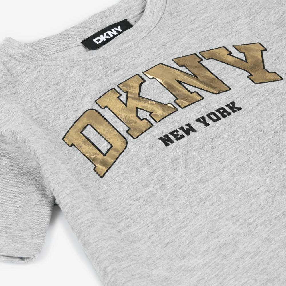 DKNY-Girls Metallic Logo Grey Tee | Childrensalon Outlet