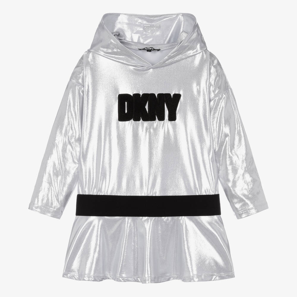 DKNY Girls Metallic Silver Hooded Dress Childrensalon Outlet