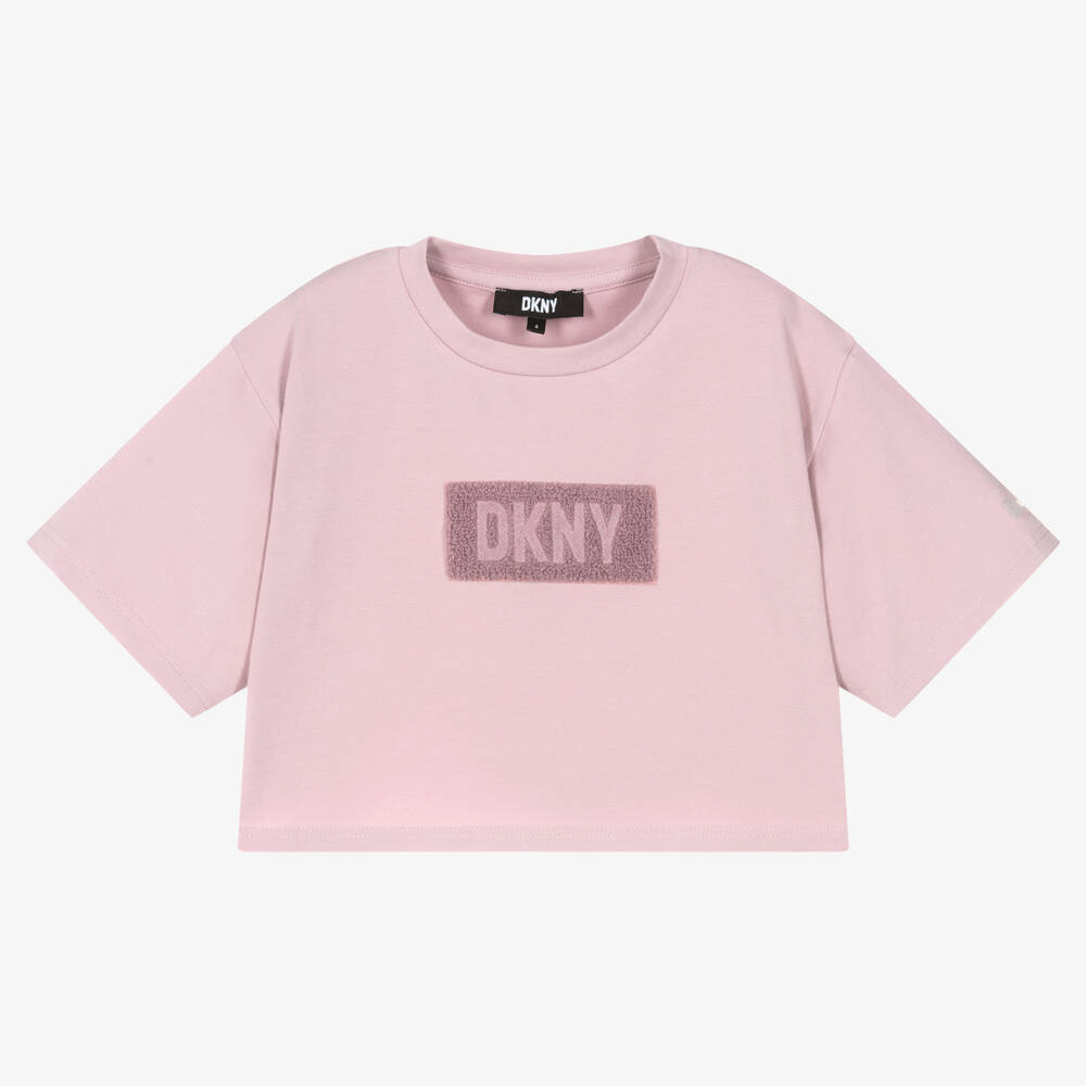 DKNY - تيشيرت كروب قطن جيرسي عضوي لون زهري للبنات | Childrensalon