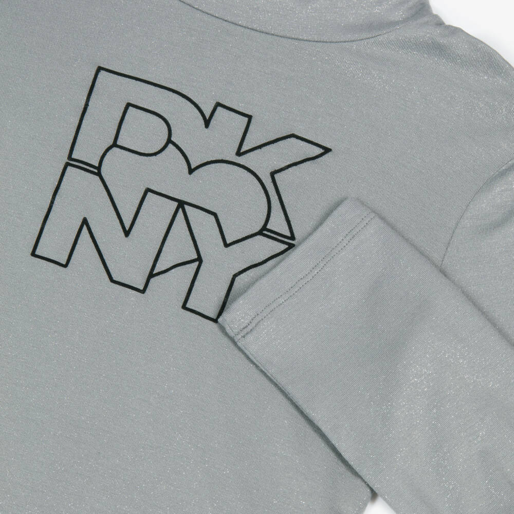 DKNY-بلوزة رمادية لامعة برقبة عالية للبنات | Childrensalon Outlet