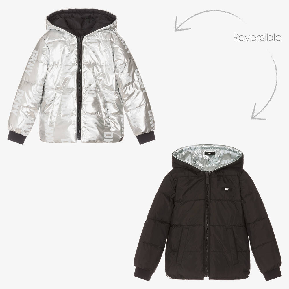 DKNY-جاكيت بوجهين فليس لون أسود وفضّي للبنات | Childrensalon Outlet