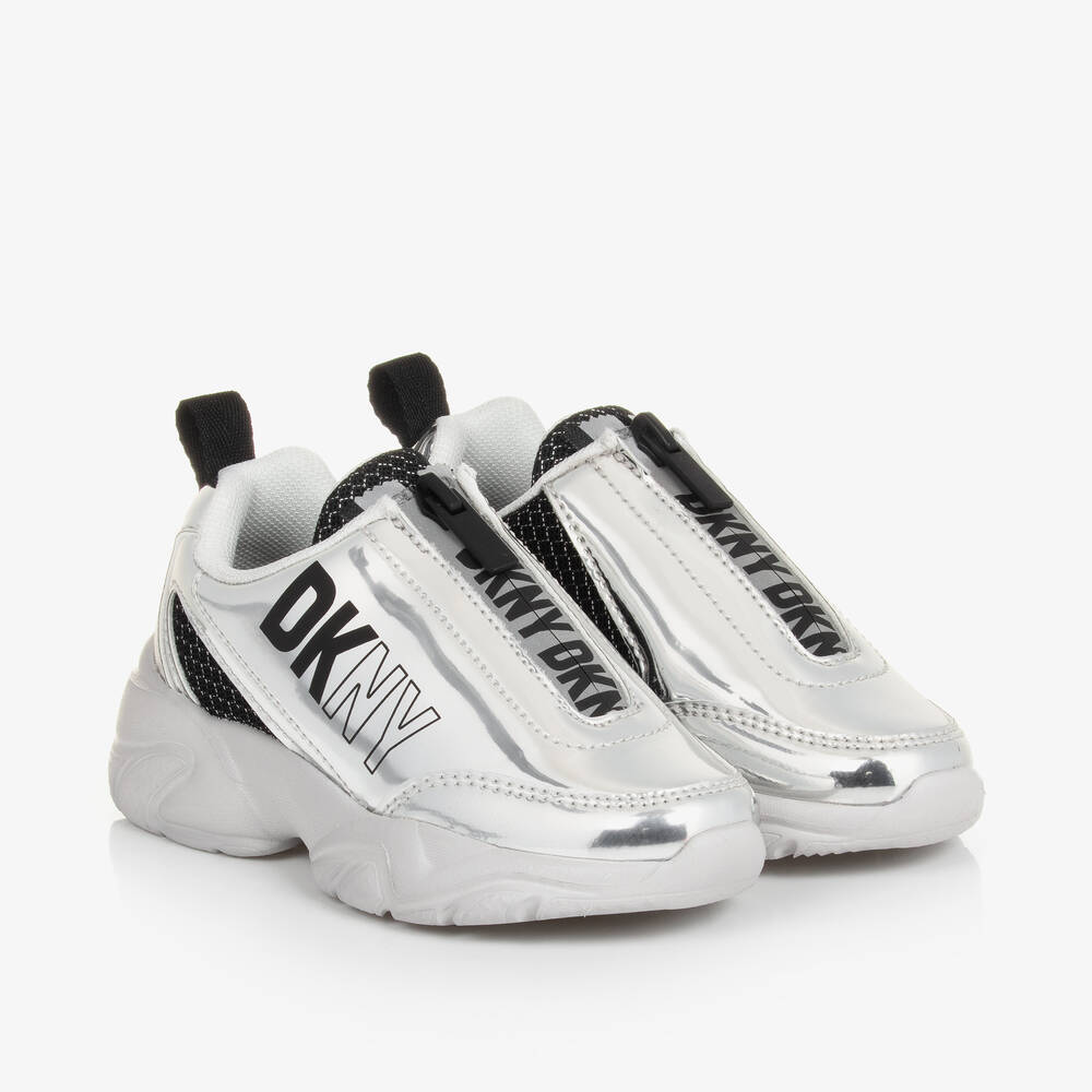 Girls Silver Mirror Faux Leather Trainers
