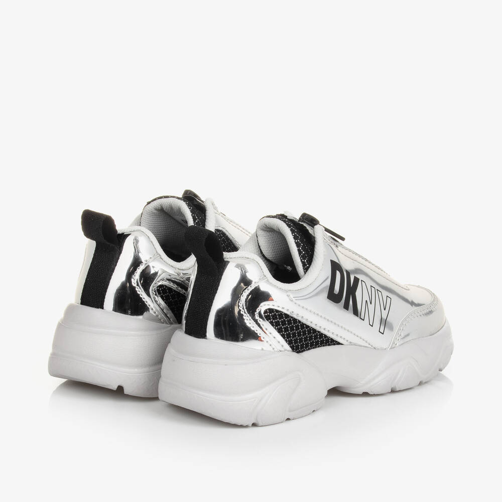 DKNY-Girls Silver Mirror Faux Leather Trainers | Childrensalon Outlet