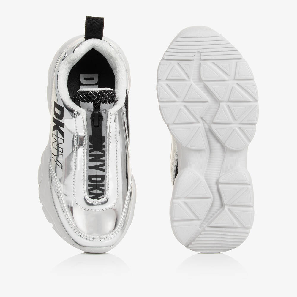 DKNY-Girls Silver Mirror Faux Leather Trainers | Childrensalon Outlet