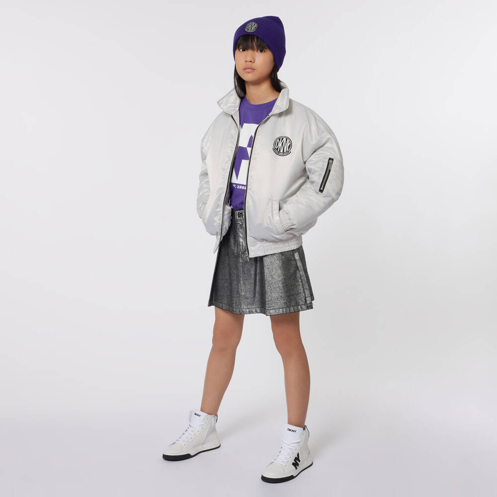 DKNY-Girls Silver Satin Zip Jacket | Childrensalon Outlet