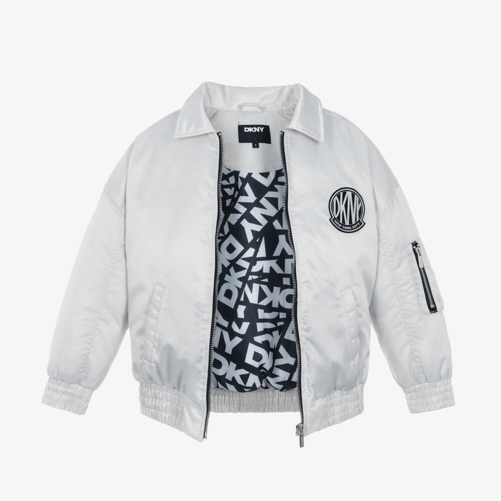 DKNY-Girls Silver Satin Zip Jacket | Childrensalon Outlet