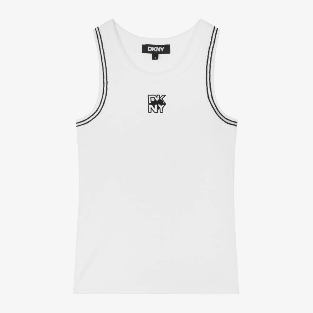 DKNY-قميص بلا أكمام أبيض أنيق للبنات بتفاصيل سوداء | Childrensalon Outlet