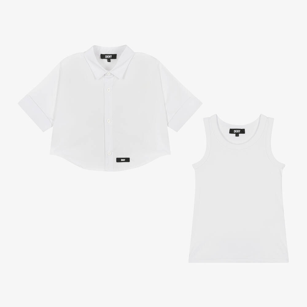دكني-قميص 2 في 1 قطن بوبلين لون أبيض للبنات | Childrensalon Outlet