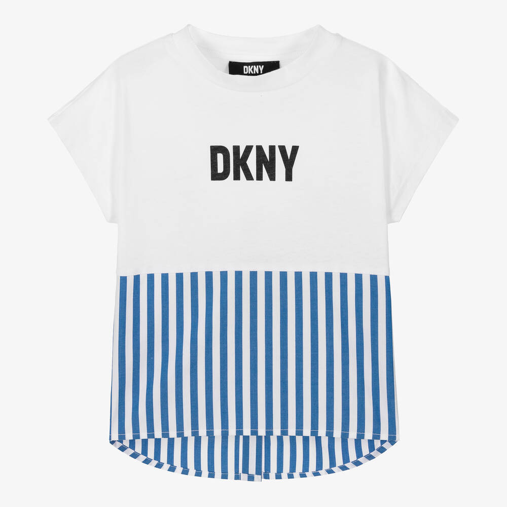 DKNY - تيشيرت قطن مقلم لون أبيض وأزرق للبنات | Childrensalon