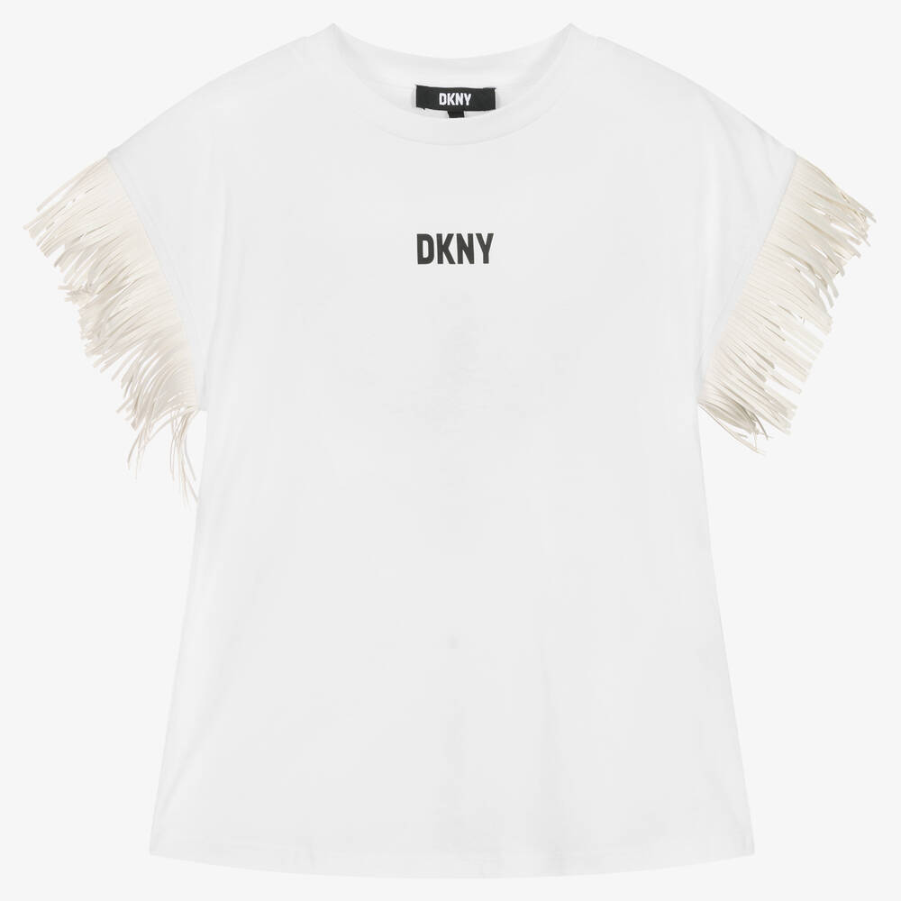 DKNY - Weißes Baumwollkleid mit Fransen | Childrensalon
