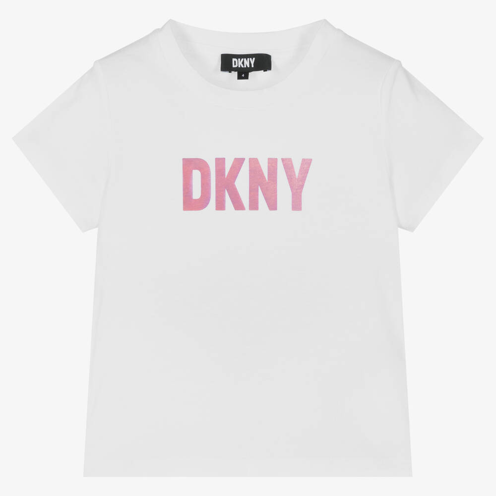 DKNY - Girls White Cotton Logo T-Shirt | Childrensalon