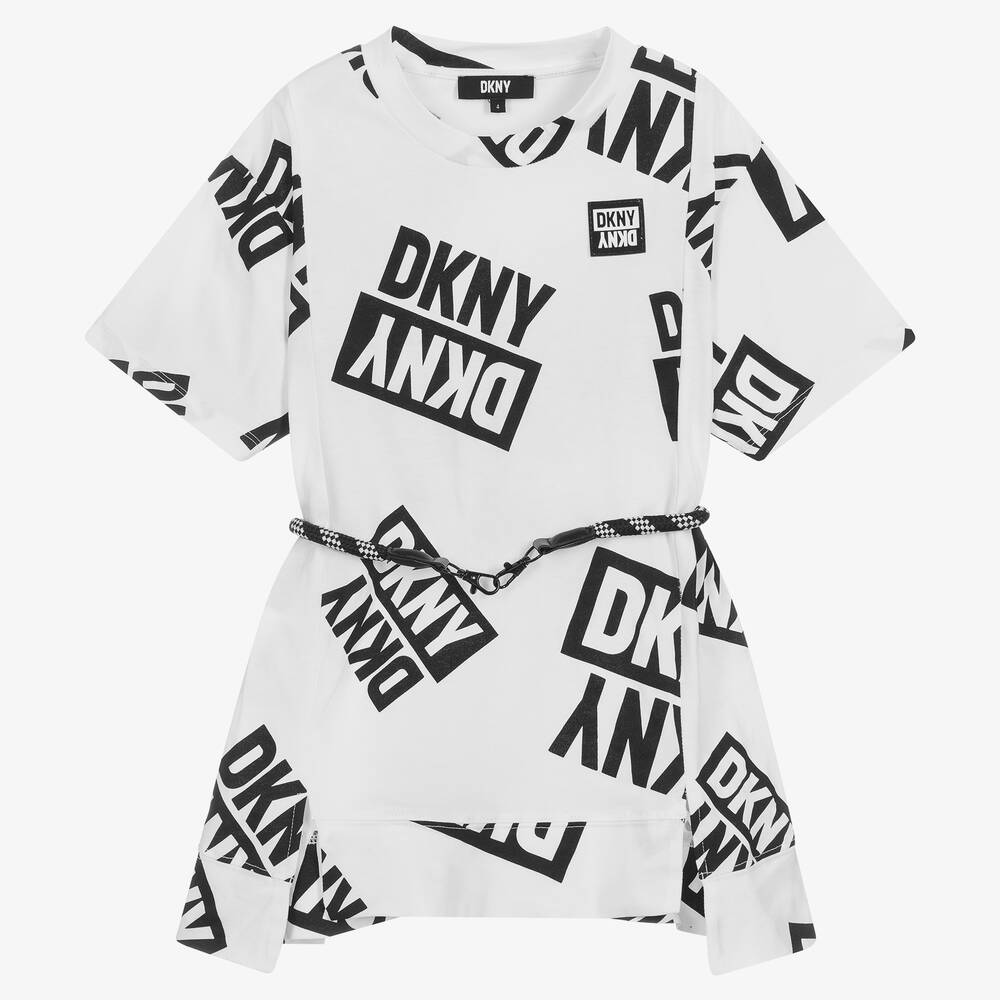 DKNY - فستان تيشيرت قطن لون أبيض | Childrensalon