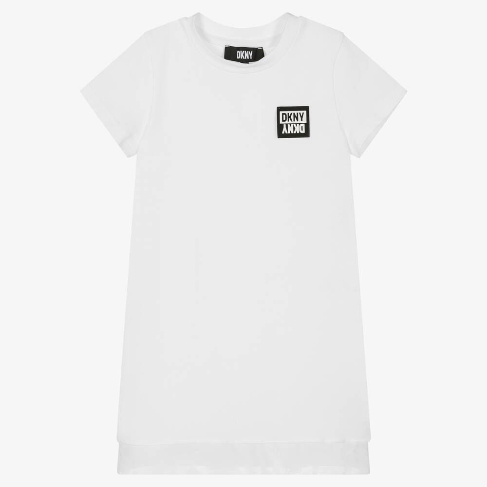 DKNY - فستان تيشيرت قطن عضوي جيرسي لون أبيض | Childrensalon