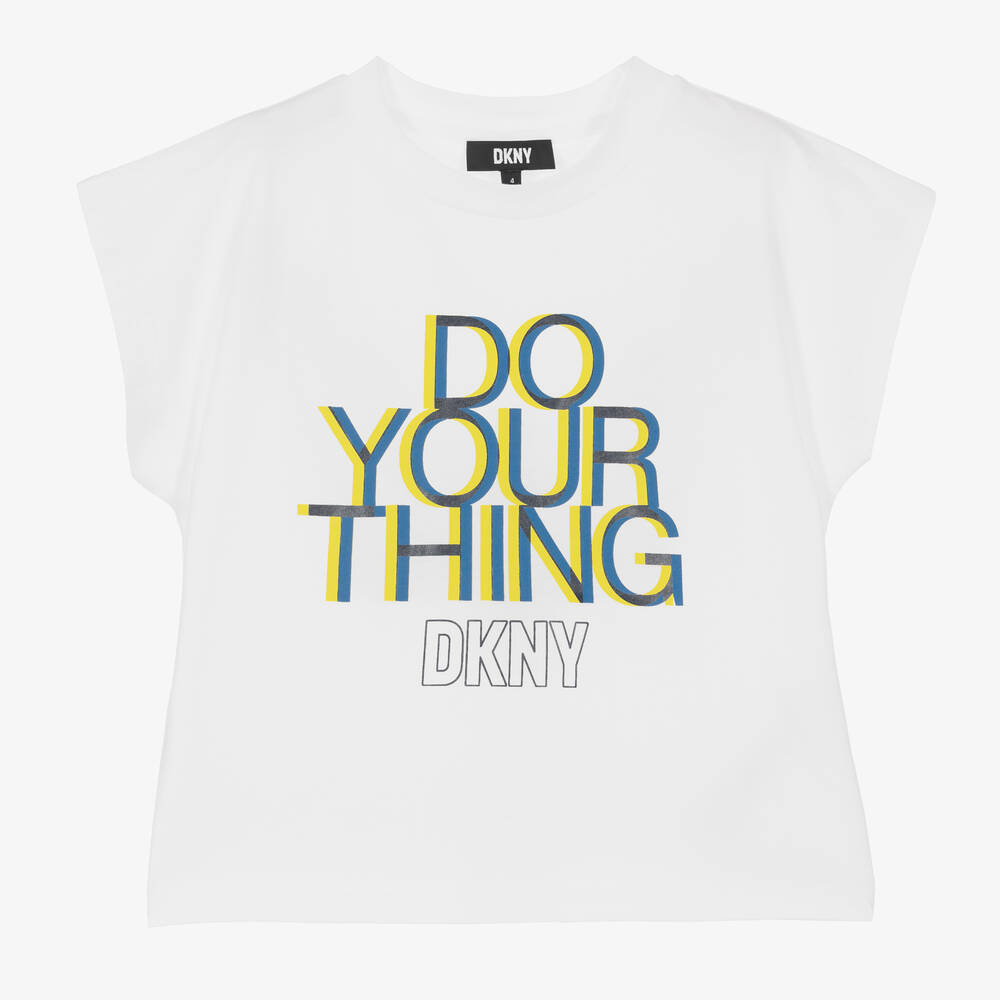 DKNY - Girls White Cotton Slogan T-Shirt | Childrensalon