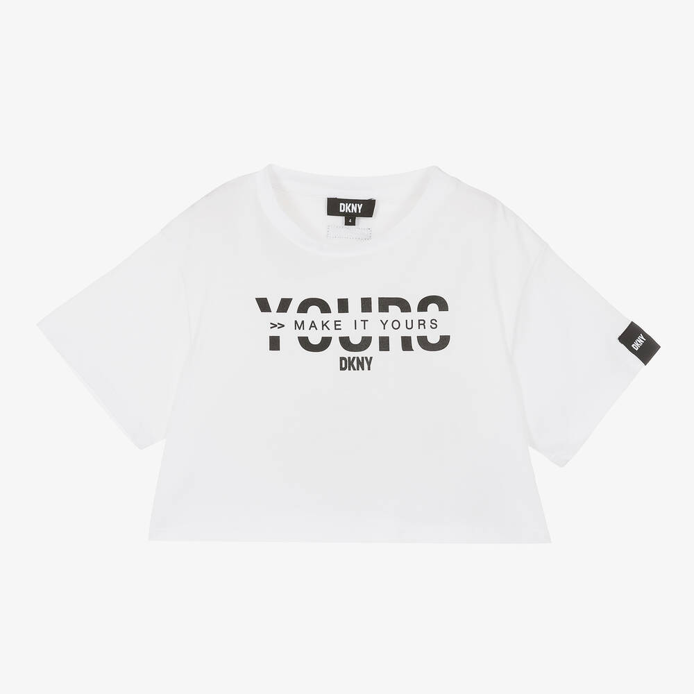 DKNY - Girls White Cotton Slogan T-Shirt  | Childrensalon