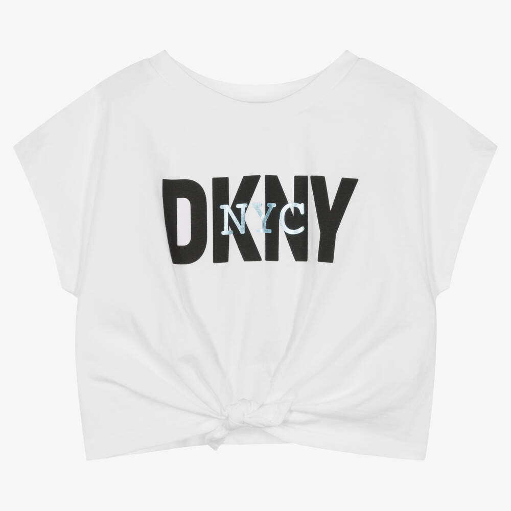 DKNY - Girls White Cropped Logo T-Shirt | Childrensalon