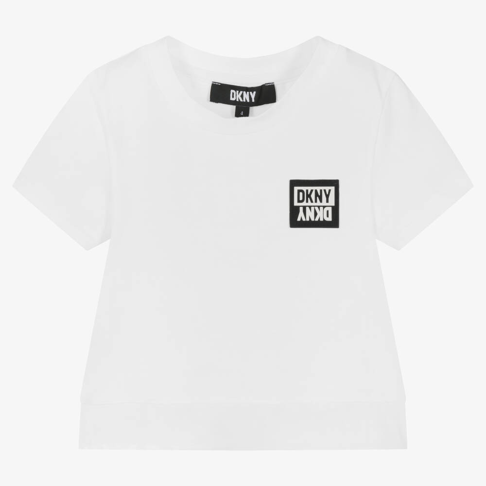 DKNY - تيشيرت قصير قطن لون أبيض للبنات | Childrensalon