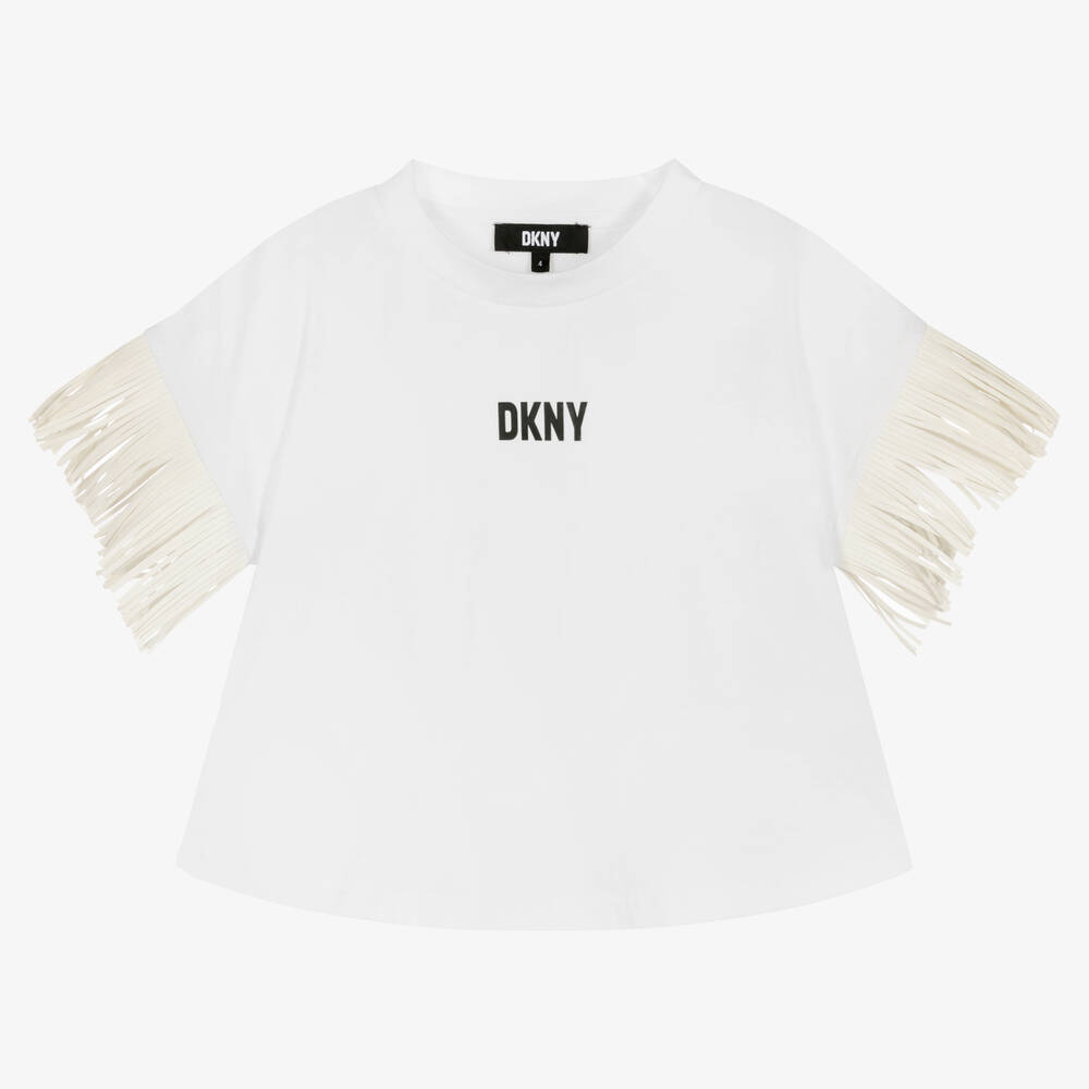 DKNY - Girls White Fringed Logo T-Shirt | Childrensalon