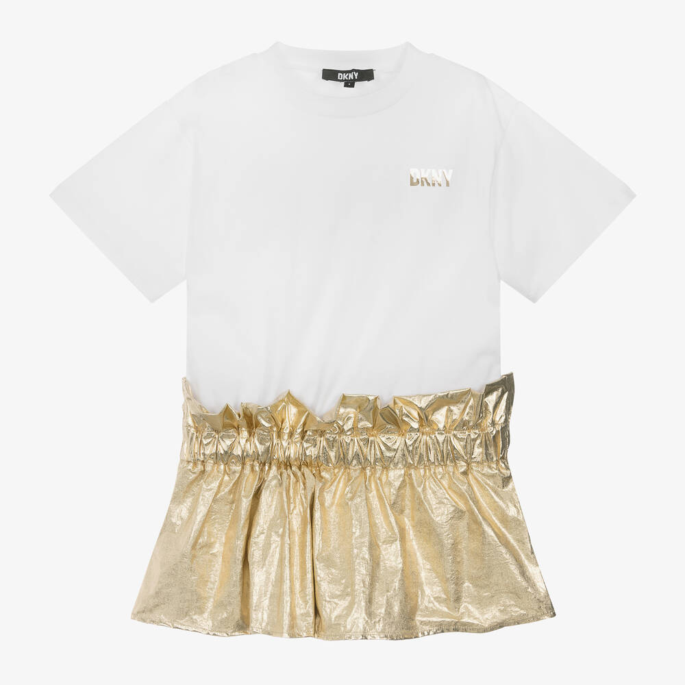 DKNY-Girls White & Gold Cotton Dress | Childrensalon Outlet
