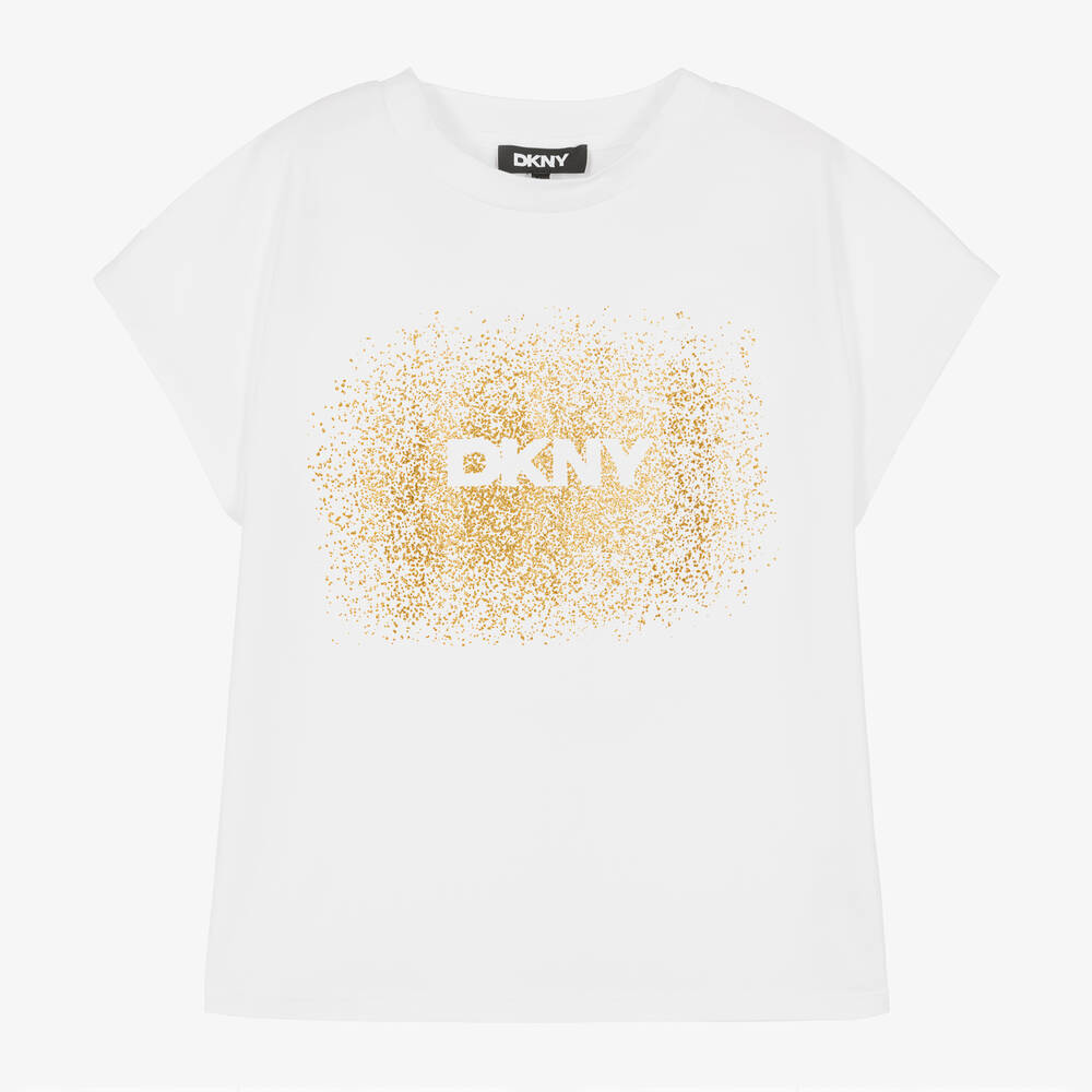 DKNY-Girls White & Gold Cotton T-Shirt | Childrensalon Outlet