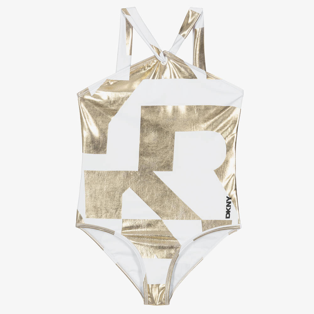 DKNY-Girls White & Gold Swimsuit | Childrensalon Outlet