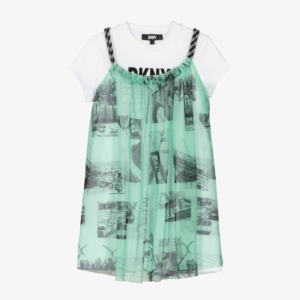 Girls White Green 2 in 1 Dress