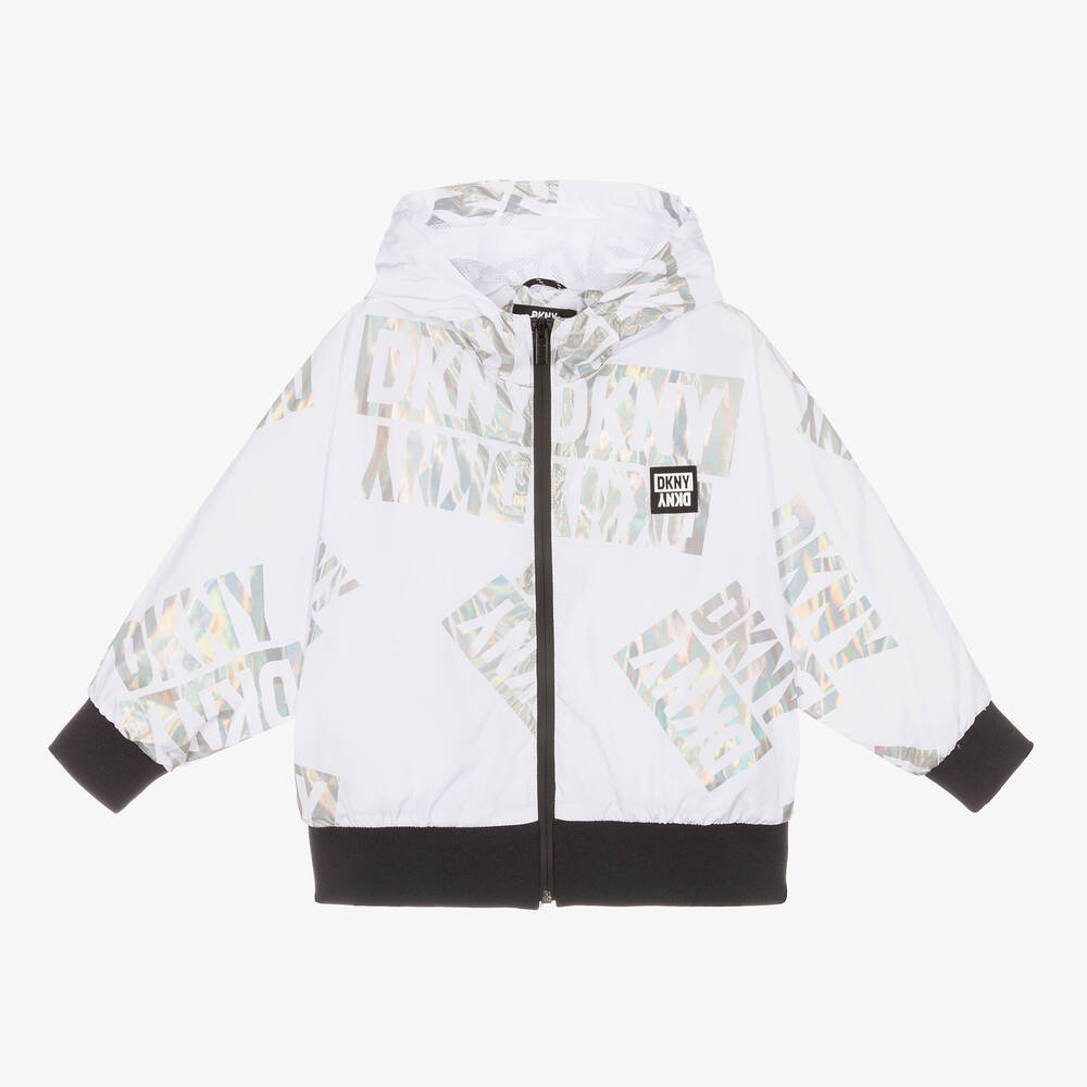 DKNY - Girls White Hooded Logo Jacket | Childrensalon