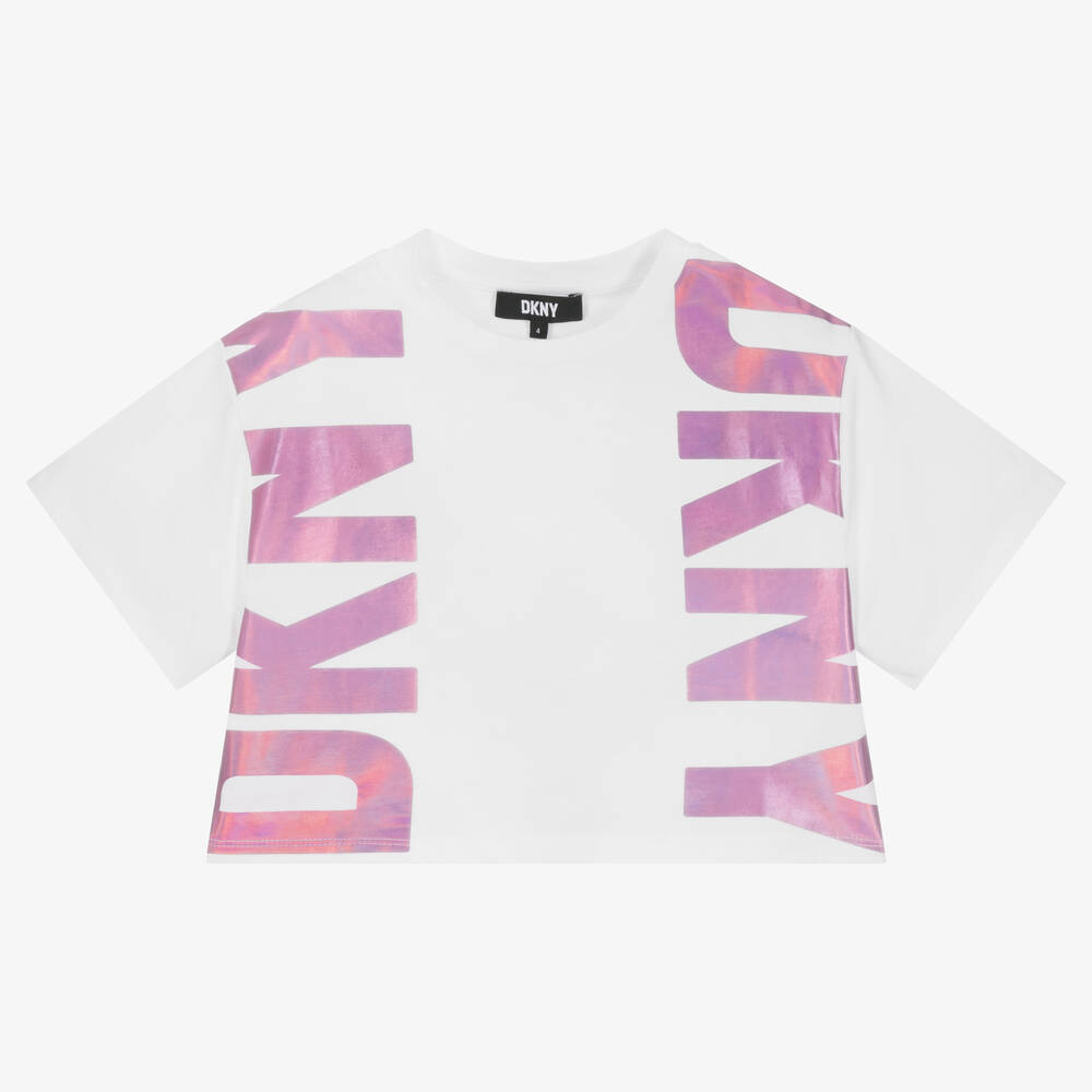 DKNY - Girls White & Pink Cotton Logo T-Shirt | Childrensalon