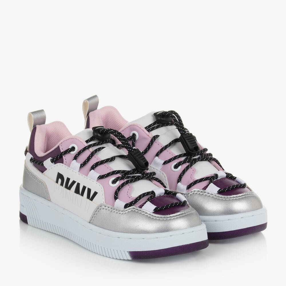 DKNY - Girls White & Pink Faux Leather Trainers | Childrensalon