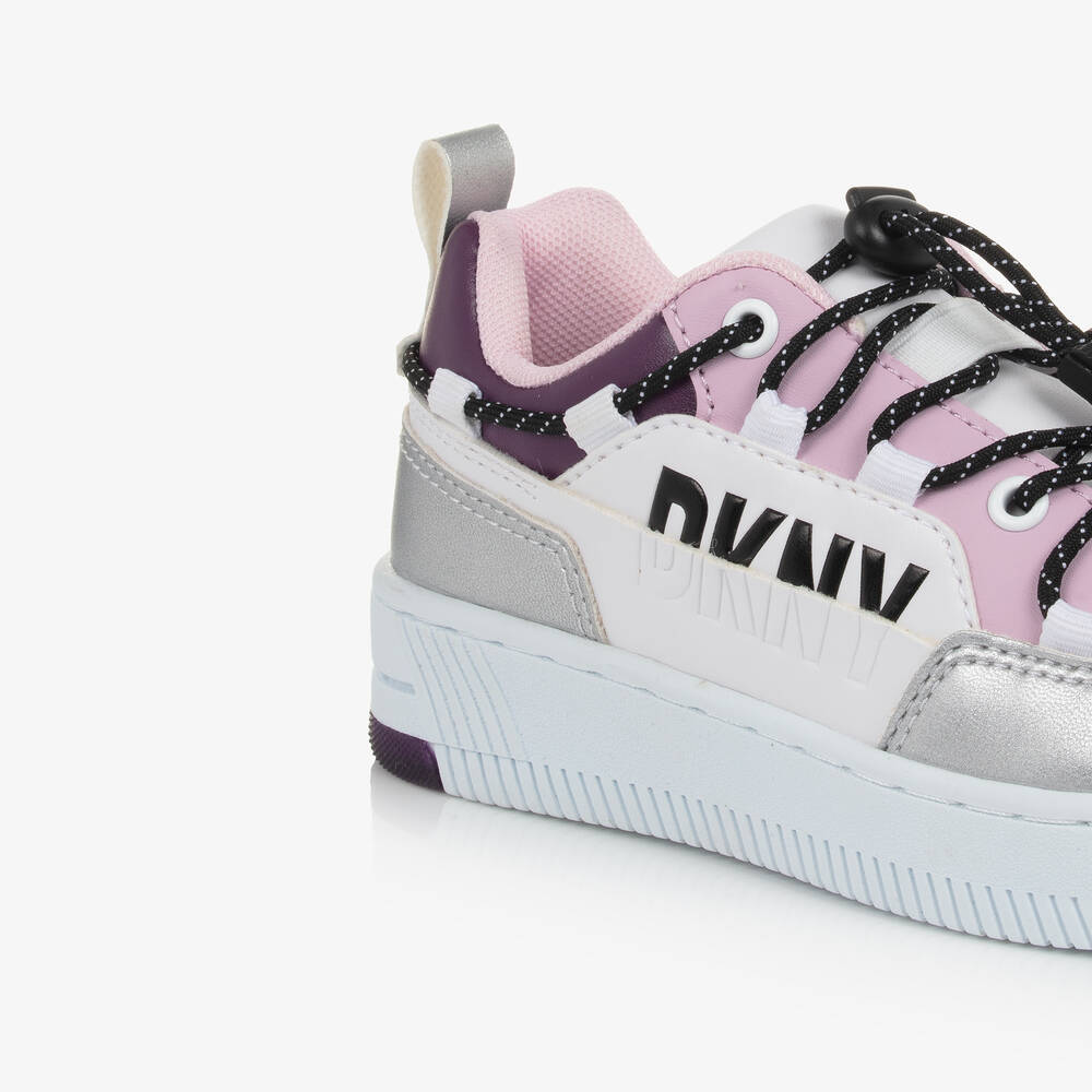 DKNY Girls White Pink Faux Leather Trainers