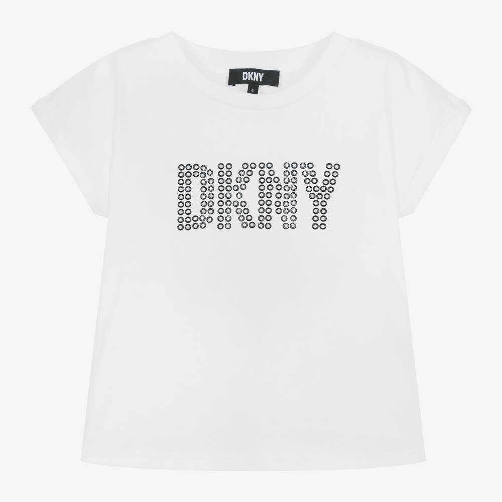 DKNY-Girls White Studded Cotton T-Shirt | Childrensalon Outlet