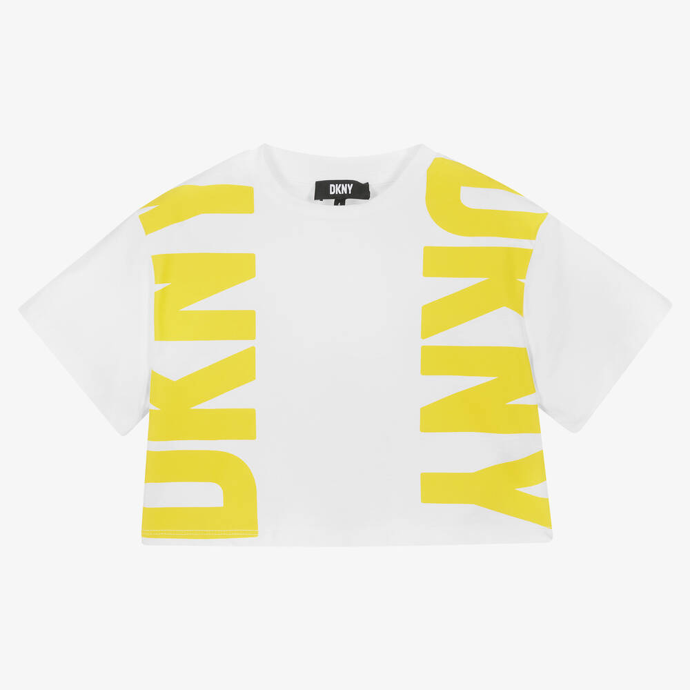 DKNY - Girls White & Yellow Cotton Logo T-Shirt | Childrensalon