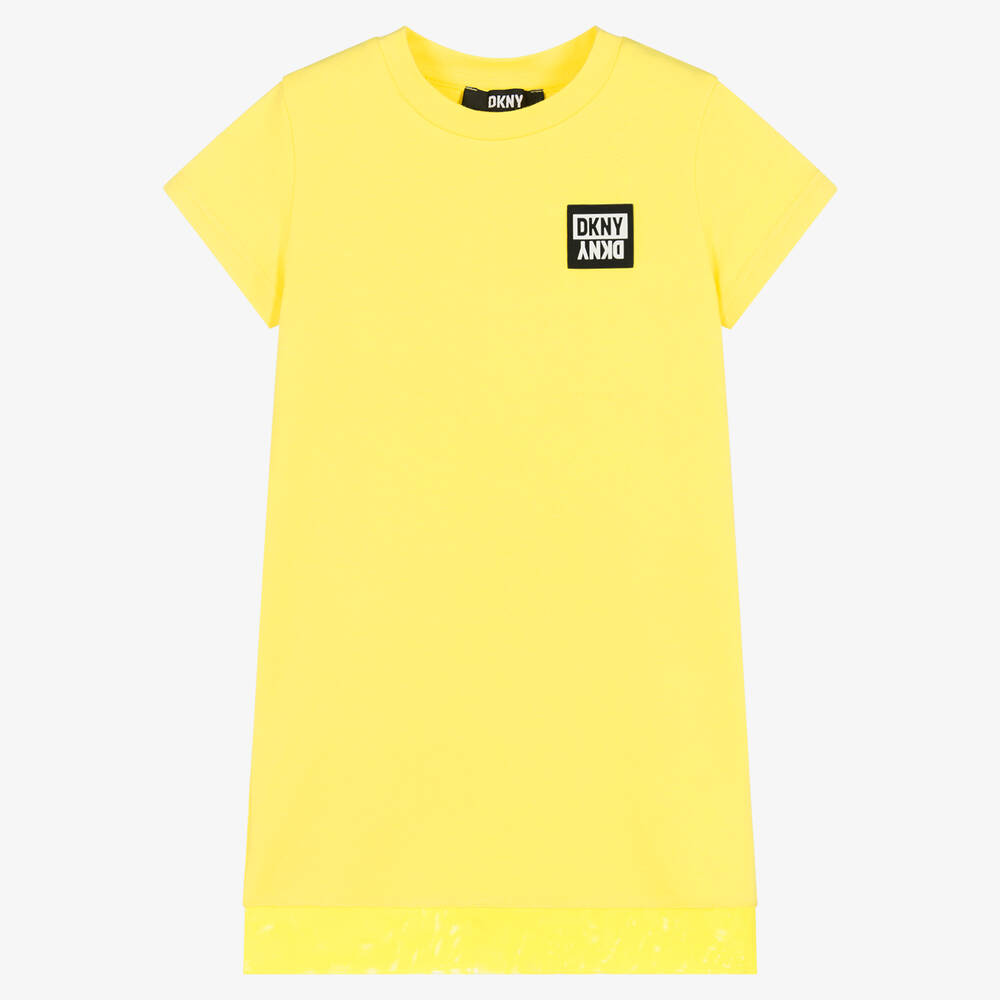 DKNY - Girls Yellow Cotton Logo T-Shirt Dress | Childrensalon