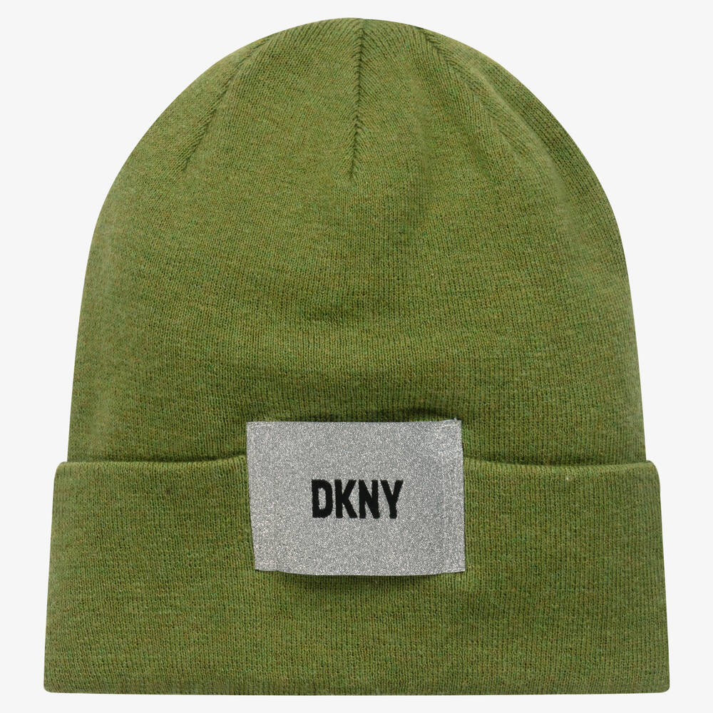 DKNY - قبعة بيني قطن محبوك لون أخضر وفضّي للبنات | Childrensalon