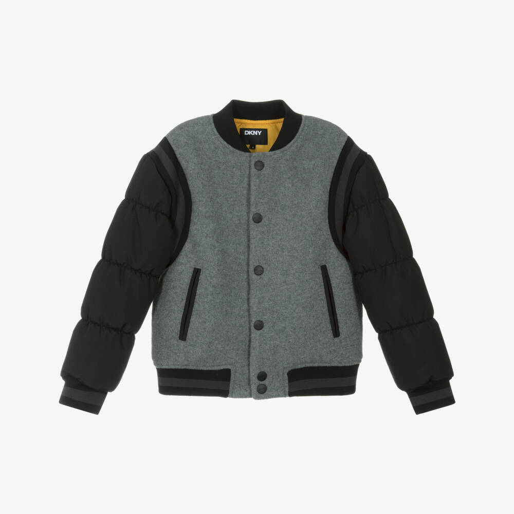 DKNY-جاكيت بأكمام منفوخة باللون الرمادي والأسود | Childrensalon Outlet