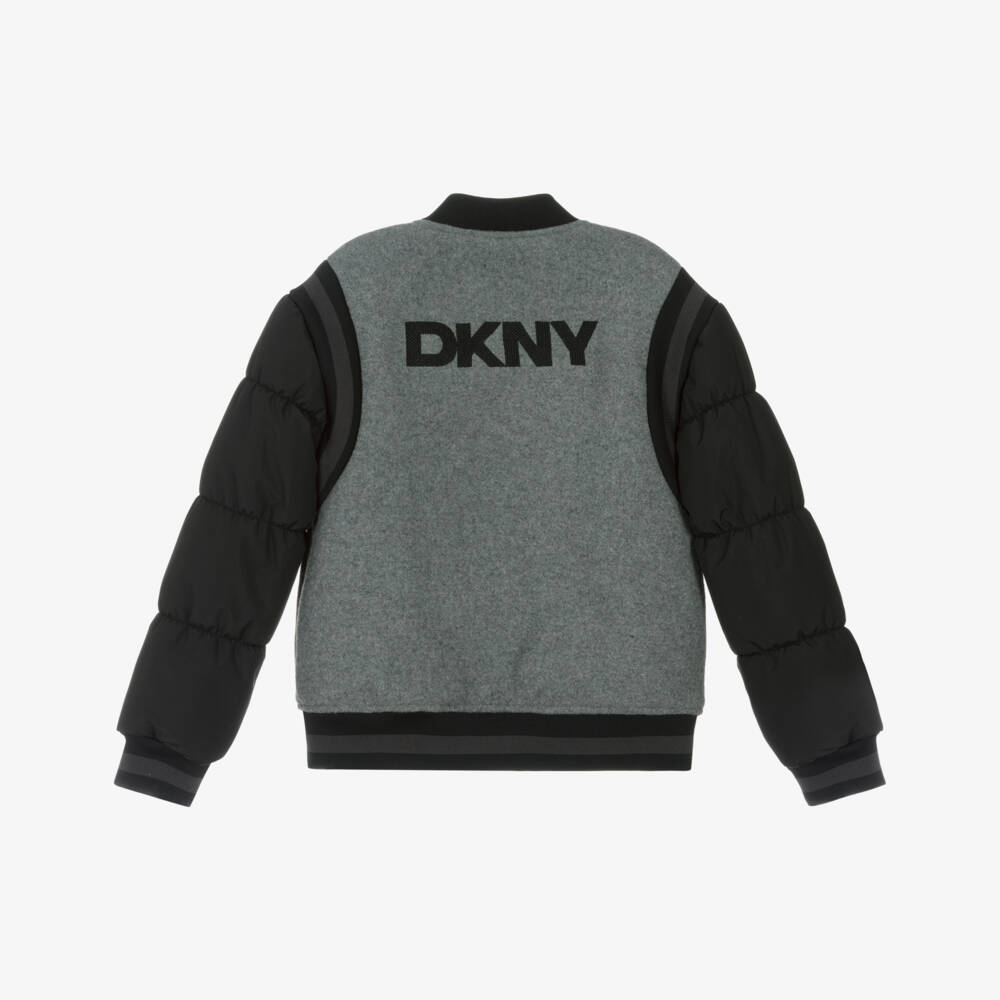 DKNY-جاكيت بأكمام منفوخة باللون الرمادي والأسود | Childrensalon Outlet