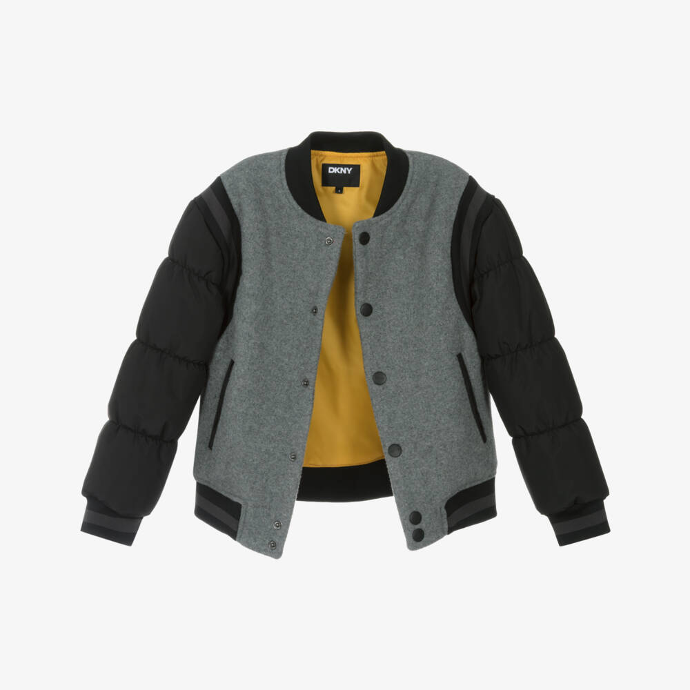 DKNY-جاكيت بأكمام منفوخة باللون الرمادي والأسود | Childrensalon Outlet