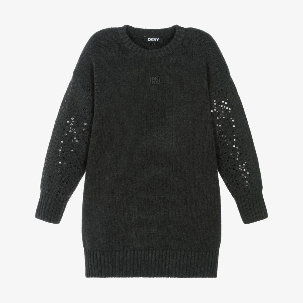 DKNY-Grey Knitted Arm Sequin Sleeve Dress | Childrensalon Outlet