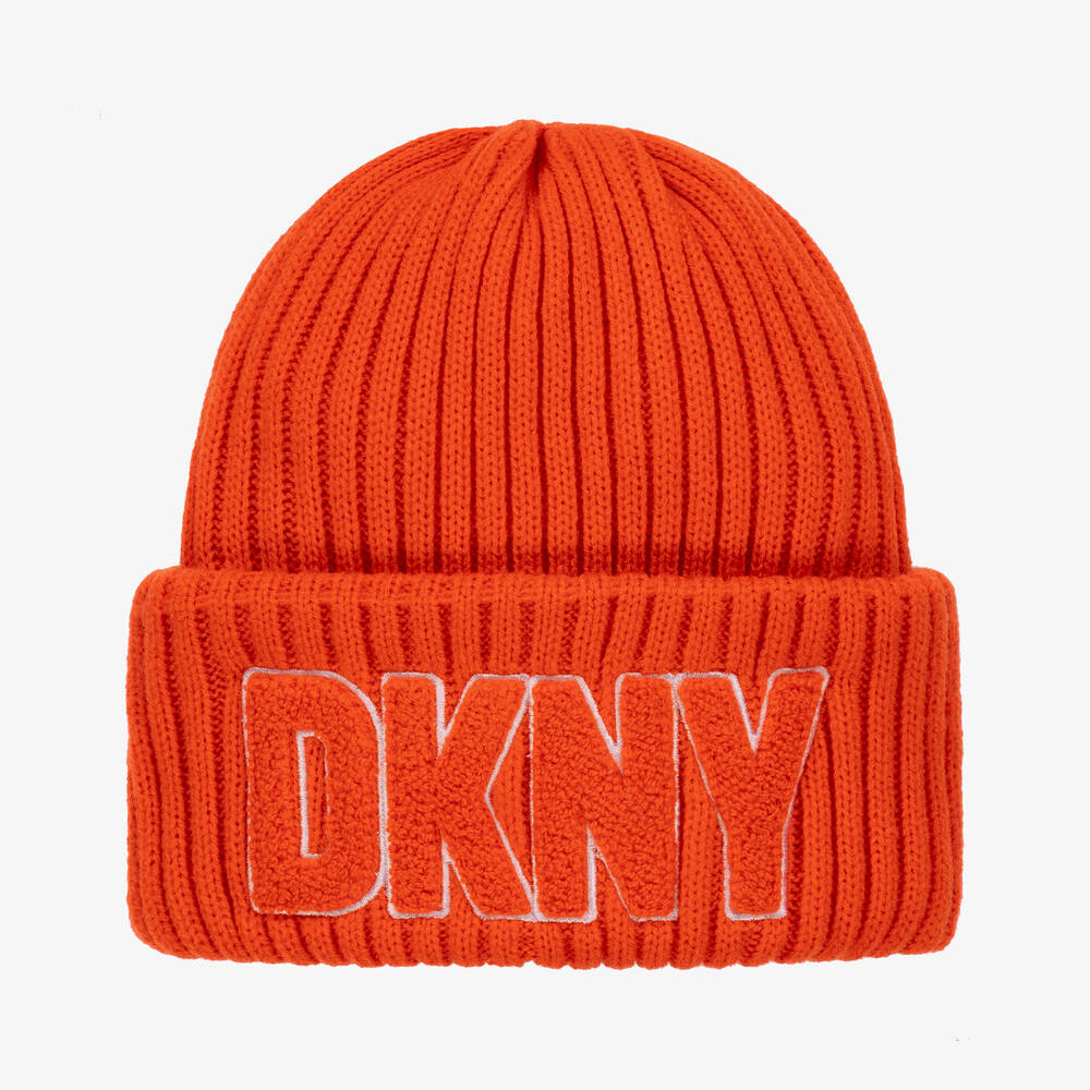 DKNY - Bonnet orange en maille à broderies  | Childrensalon