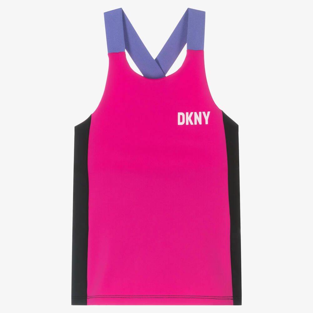 DKNY - توب نايلون جيرسي لون زهري وأسود للبنات | Childrensalon