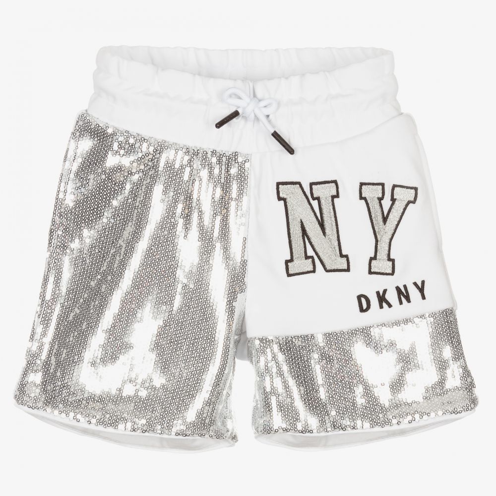 DKNY - شورت فيسكوز جيرسي مزين بترتر لون فضي وأبيض للبنات | Childrensalon
