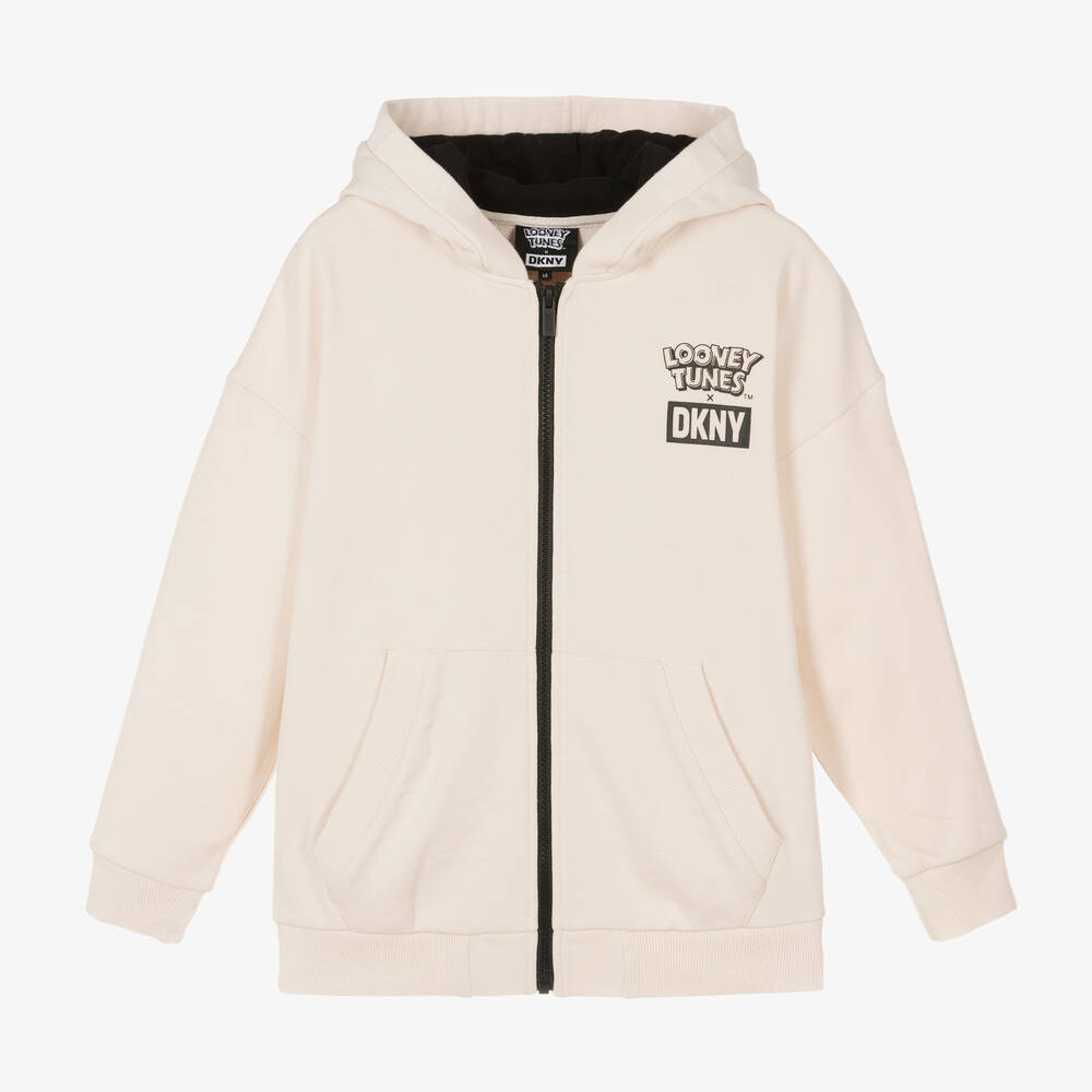 DKNY-توب هودي بسحّاب تينز قطن لون بيج | Childrensalon Outlet