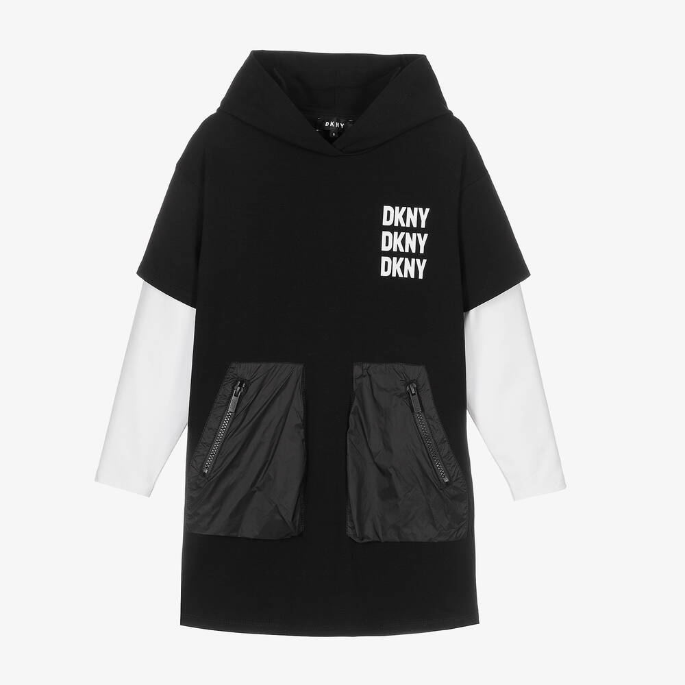 DKNY - فستان هودي تينز بناتي قطن لون أسود | Childrensalon