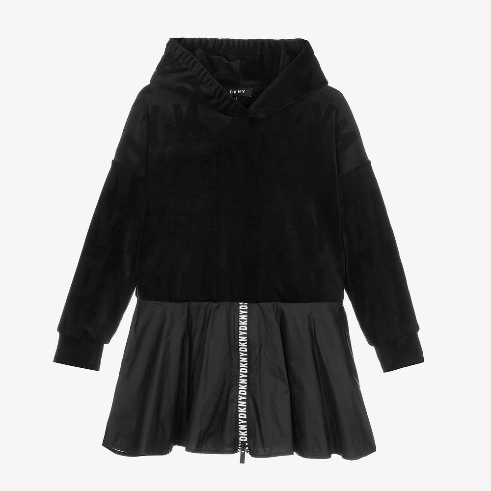 DKNY - فستان هودي تينز قطيفة لون أسود | Childrensalon