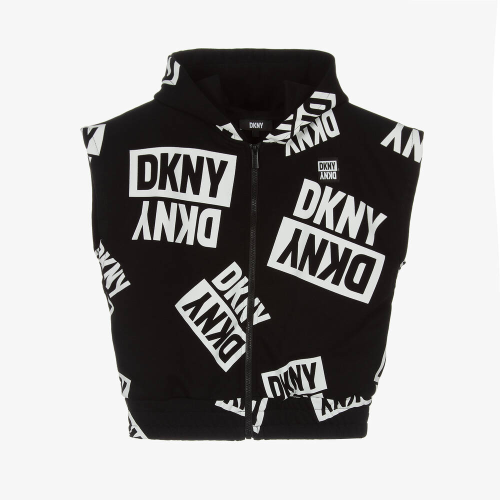 DKNY - توب هودي بسحّاب تينز قطن لون أسود وأبيض | Childrensalon