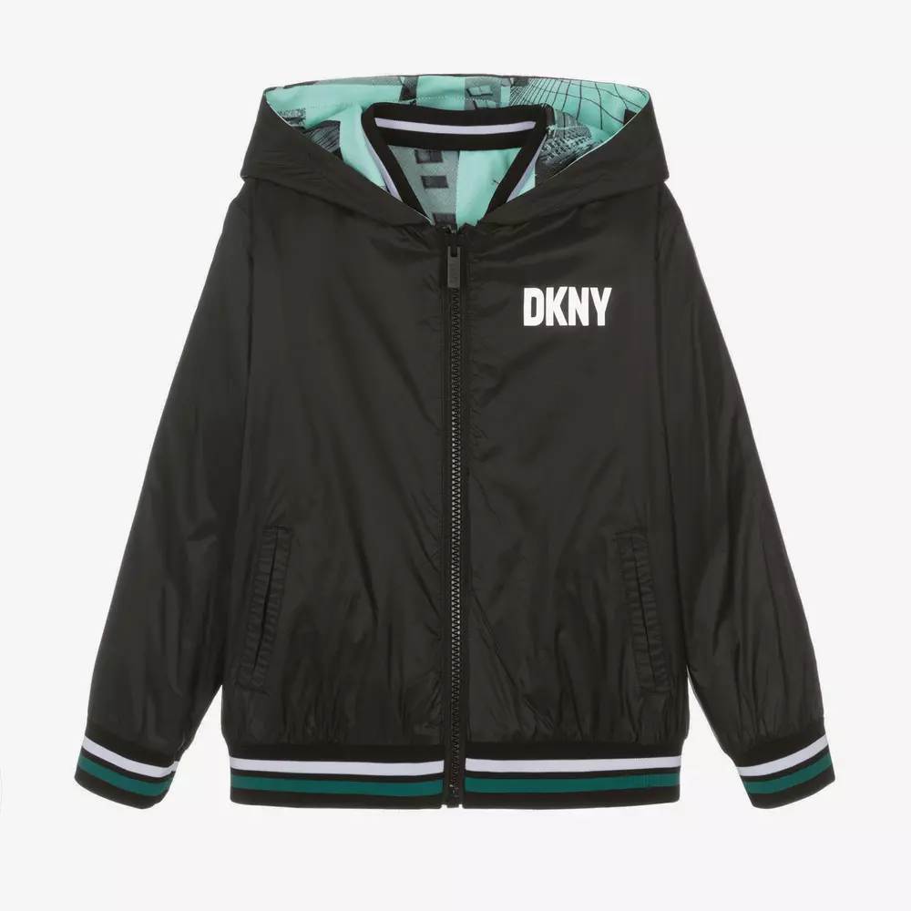 DKNY-جاكيت هودي جيرسي لون أسود وأخضر للمراهقين | Childrensalon Outlet